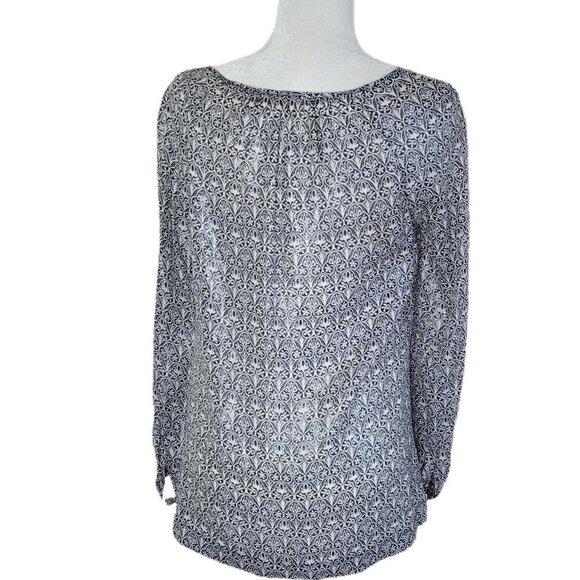 Tory Burch Stretch Silk Keyhole Neck Blue Metallic Long Sleeve Blouse Size 4 - Picture 2 of 12